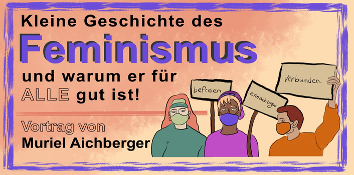 Buntes Bild mit Veranstaltungstitel und kleiner Illustrationen, auf der Menschen mit Schildern gezeigt werden